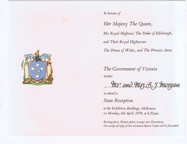 Document - Invitation and Program, Government of Victoria, State Reception in honour of Her Majesty the Queen 1970, 06/04/1970