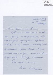 Memorabilia - Letter, Thank you note to Bruce and Mavis Morgan from Vivienne, 31/10/1973