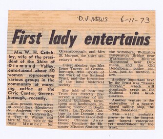 Memorabilia - Newspaper Clipping, Diamond Valley News, First lady entertains, 06/11/1973