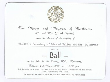 Memorabilia - Invitation and Program, City of Northcote, City of  Northcote Invitation and Programme to Mayoral Ball 2nd May 1969, 02/05/1969