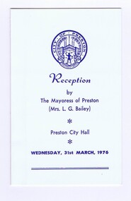 Memorabilia - Reception Cards, City of Preston, City of Preston Mayoress Reception Programme 1976, 31/03/1976