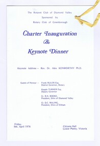 Memorabilia - Programme, The Rotate Club of Diamond Valley, The Rotavet Club of Diamond Valley Charter Inauguration & Keynote Dinner, 09/04/1976