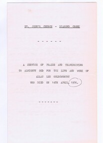 Memorabilia - Order of Service, St Johns Church Diamond Creek Order of Service for Allan Lee Goldsworthy, 04/1976