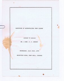 Memorabilia - Menu, The Institute of Metropolitan Town Clerks, Institute of Metropolitan Town Clerks Dinner, 21/07/1976