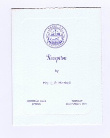 Memorabilia - Card, Shire of Whittlesea, Shire of Whittlesea Reception 1971, 23/03/1971