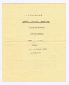 Memorabilia - Program, Parade College, Parade College, Bundoora Speech Afternoon for Senior School 1973, 11/11/1973