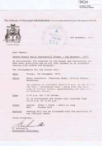 Memorabilia - Letter, Institute of Municipal Administraton, Invitation to Andrew Nowell Walls Testimonial Dinner, 06/12/1973