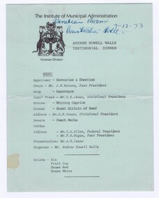 Memorabilia - Program, Institute of Municipal Administration, Andrew Nowell Walls Testimonial Dinner, 06/12/1973