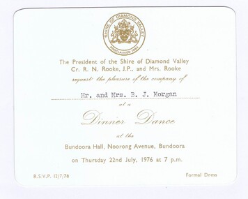 Memorabilia - Invitation, Shire of Diamond Valley, Shire of Diamond Valley Dinner Dance 1976, 22/07/1976
