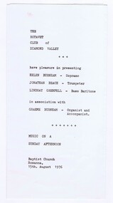 Memorabilia - Programme, The Rotavet Club of Diamond Valley, The Rotavet Club of Diamond Valley Music on a Sunday Afternoon, 15/08/1976