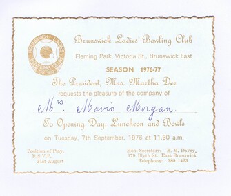 Memorabilia - Invitation, Brunswick Ladies Bowling Club, Brunswick Ladies Bowling Club Opening Day Luncheon and Bowls, 07/09/1976