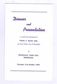 Memorabilia - Menu, City of Waverley, Retirement Dinner and Presentation for Frank S Bales, ESQ, 21/10/1976