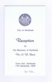 Memorabilia - Programme, City of Northcote, City of Northcote Mayoress Reception 1976, 11/1976