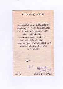 Memorabilia - Invitation, Lynne and Ian Rickards, Lynne and Ian Rickards Christmas Party Invitation, 11/1976