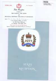 Memorabilia - Reception Programme, Government of Victoria, Official State Reception for the Queen's Silver Jubilee Tour 1977: Entry card and Programme, 03/1977