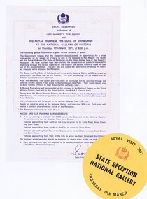 Memorabilia - Leaflet, Government of Victoria, Official State Reception for the Queen's Silver Jubilee Tour 1977: information leaflet and windscreen sticker, 03/1977
