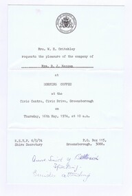 Memorabilia - Invitation, Shire of Diamond Valley, Shire of Diamond Valley Morning Coffee 1974, 16/05/1974