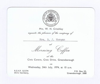 Memorabilia - Invitation, Shire of Diamond Valley, Shire of Diamond Valley Morning Coffee 1974, 24/07/1974