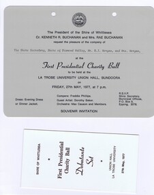 Memorabilia - Invitation and Program, Shire of Whittlesea, Shire of Whittlesea First Presidential Charity Ball Invitation; and, Debutante Set program 1977, 05/1977