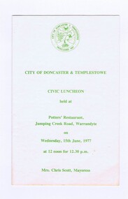 Memorabilia - Reception Programme, City of Doncaster and Templestowe, City of Doncaster and Templestowe Civic Luncheon 1977, 15/06/1977