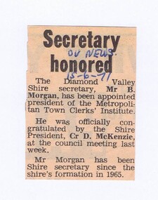 Memorabilia - Newspaper Clipping, Diamond Valley News, Secretary honoured, 15/06/1977