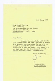 Memorabilia - Letter, B Morgan, Acceptance letter to invitation, 16/06/1977