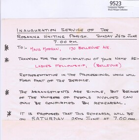 Memorabilia - Document, Rosanna Uniting Parish, Rosanna Uniting Parish The Inauguration Service - Information Sheet, 26/06/1977