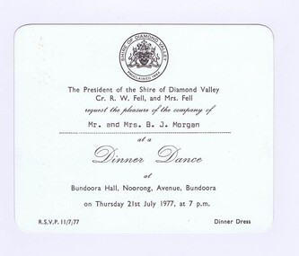 Memorabilia - Invitation, Shire of Diamond Valley, Shire of Diamond Valley Dinner Dance 1977, 21/07/1977