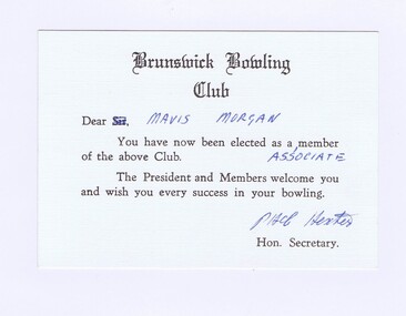 Memorabilia - Card, Brunswick Bowling Club, Brunswick Bowling Club Membership acceptance, 1977
