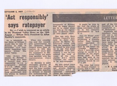 Memorabilia - Newspaper Clipping, Diamond Valley News, 'Act responsibly' says ratepayer, 06/09/1977