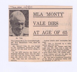 Memorabilia - Newspaper Clipping, The Age, MLA "Monty" Vale dies at age of 65, 12/09/1977