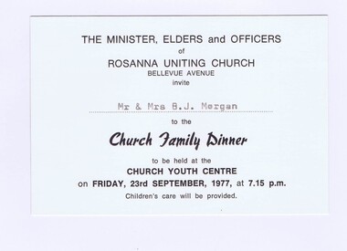 Memorabilia - Card, Rosanna Uniting Church, Rosanna United Church Invitation to Family Dinner, 23/09/1977