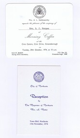 Memorabilia - Invitation and Program, Shire of Whittlesea et al, Shire of Diamond Valley  Morning Coffee invitation; and, City of Northcote Reception 1974, 1974