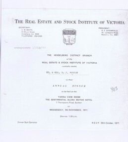 Memorabilia - Invitation, Real Estate & Stock Institute of Victoria, The Heidelberg Branch of the Real Estate & Stock Institute of Victoria Annual Dinner, 10/1977