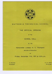 Memorabilia - Programme, Watsonia Technical School, Watsonia Technical School Official Opening of School Hall, 11/11/1977