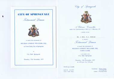 Memorabilia - Invitation and Program, City of Springvale, City of Springvale Testimonial Dinner 1977, 17/11/1977