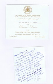 Memorabilia - Invitation, Shire of Diamond Valley, Shire of Diamond Valley Dinner Dance 1974; and, Thank you note, 21/07/1977