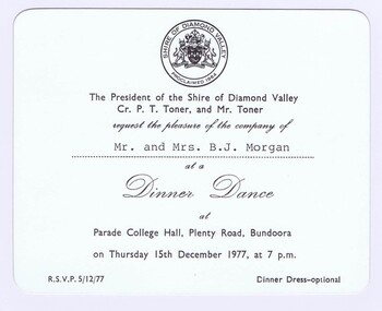 Memorabilia - Invitation, Shire of Diamond Valley, Shire of Diamond Valley Dinner Dance 1977, 15/12/1977