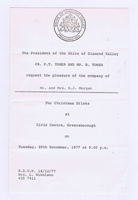 Memorabilia - Invitation, Shire of Diamond Valley, Shire of Diamond Valley Invitation to Christmas Drinks 1977, 20/12/1977