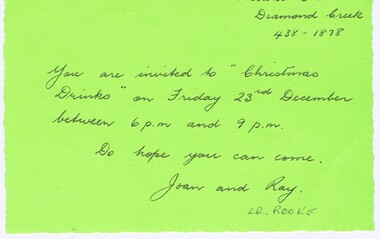 Memorabilia - Invitation, Councillor Ray Rooke, Councillor Rooke Invitation to Christmas Drinks, 23/12/1977