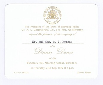 Memorabilia - Invitation, Shire of Diamond Valley, Shire of Diamond Valley Dinner Dance 1975, 24/07/1975