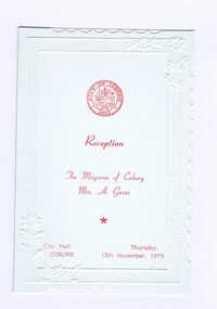 Memorabilia - Reception Programme, City of Coburg, City of Coburg Mayoress' Reception 1975, 13/11/1975