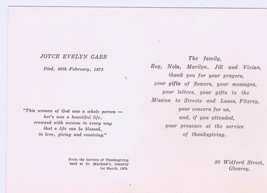 Memorabilia - Card, Gabb Family, Thank you and bereavement card for Joyce Evelyn Gabb, 26/02/1978