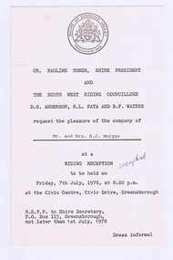 Memorabilia - Invitation, Shire of Diamond Valley, Invitation to South West Riding reception 1978, 07/07/1978