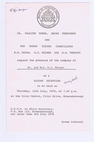 Memorabilia - Invitation, Shire of Diamond Valley, Invitation to North Riding reception 1978, 13/07/1978