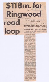 Memorabilia - Newspaper Clipping, The Herald, $118m. for Ringwood road loop, 18/07/1978