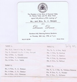 Memorabilia - Invitation, Shire of Diamond Valley, Shire of Diamond Valley Dinner Dance; and, Table seating 1978, 20/07/1978