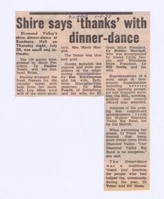 Memorabilia - Newspaper Clipping, Diamond Valley News, Shire says 'thanks' with dinner-dance, 01/08/1978