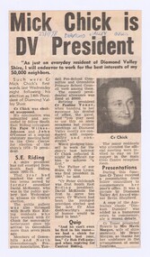 Memorabilia - Newspaper Clipping, Diamond Valley News, Mick Chick is DV President, 22/08/1978