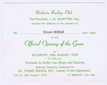 Memorabilia - Card, Northcote Bowling Club, Northcote Bowling Club: invitation to Official Opening of the Green, 26/08/1978